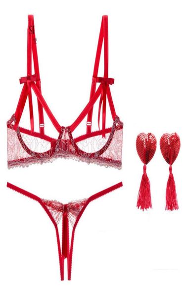 

black red blue lingerie set women lace embroidery underwear female bralette cupless bra open crotch panties brief set s7032231429, Red;black