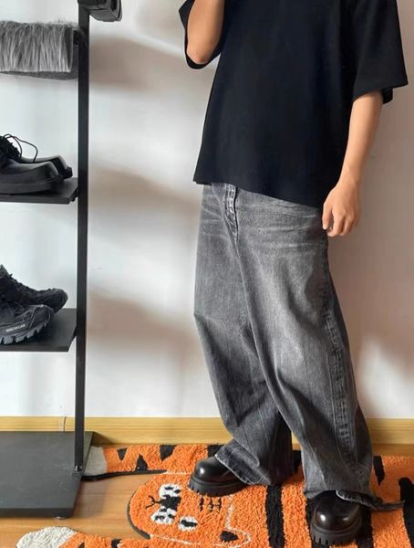 

21ss washed jeans for men denim pants loose causal jeans fashion men demna wash black wide leg baggy jeans ripple damaged heel streetwear, Blue