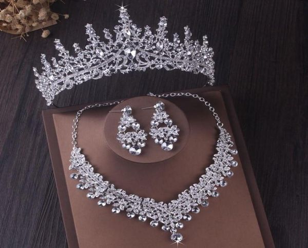 

earrings necklace luxury silver color crystal bridal jewelry sets rhinestone tiaras crown choker women wedding dubai set5789445