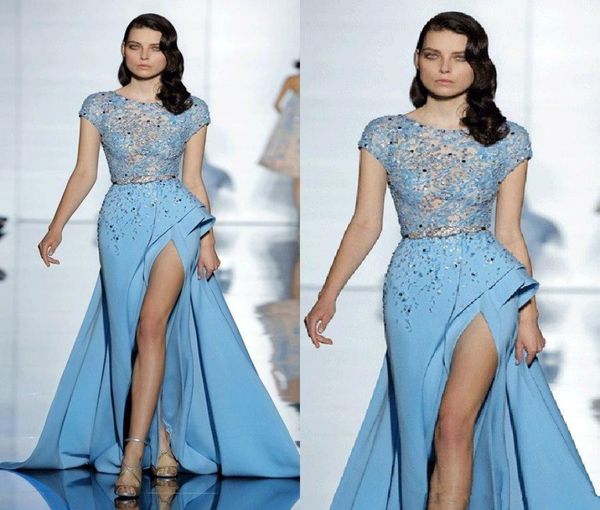 

elie saab sky blue formal celebrity evening dresses short sleeves beaded lace thigh high split 2018 sheer prom special occas6418904, Black;red