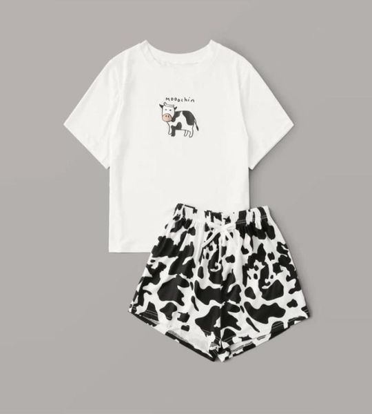 

2020 cow printed pajamas for women nightie cotton home clothes pijama set femme pyjama short sleeve tshirt shorts y2007083001290, Black;red