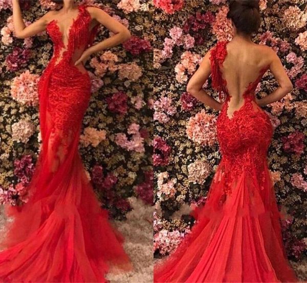 

2019 new design illusion bodice jewel neck red evening dresses oneshoulder mermaid tulle beaded prom gowns party wear4479156, Black;red
