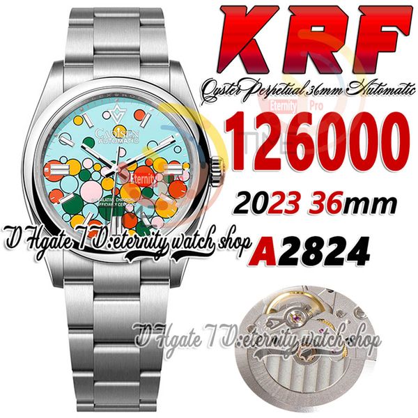 

krf kr126000 eta a2824 automatic mens watch 36mm turquoise blue celebration-motif dial stick markers 904l oystersteel bracelet super edition, Slivery;brown