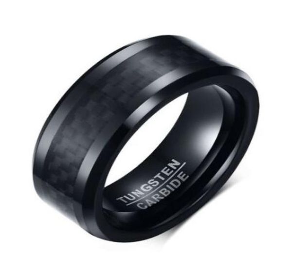 

wedding ring beveled edge 8mm comfort fit mens black tungsten carbide weeding band ring with black carbon fiber5088434, Slivery;golden
