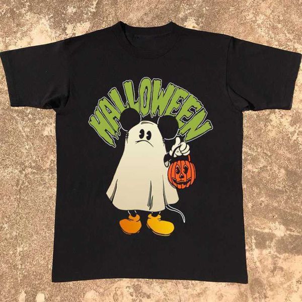 

stussys halloween pumpkin ghost cartoon niche y2k college style short sleeved pure cotton t-shirt for male and female couples, White;black