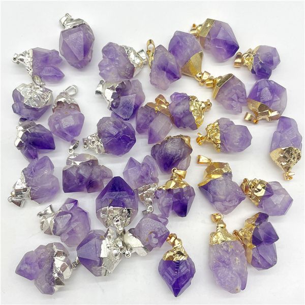 

gold silver covered raw amethyst pendant natural gem stone quartz crystal mineral irregular charms for diy jewelry making necklace, Bronze;silver