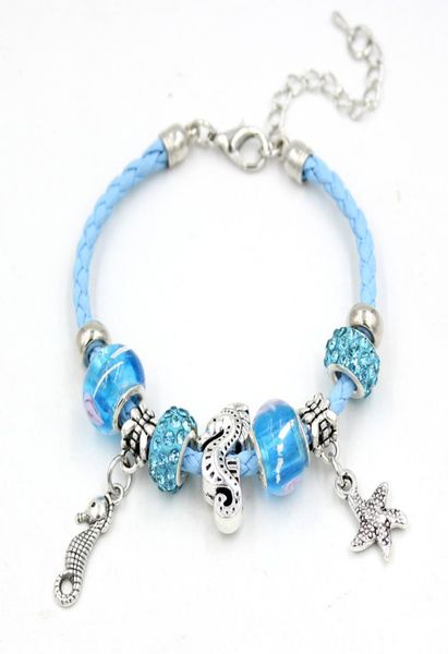 

new arrival lampwork bead bracelet light blue leather rope with sealife starfish sea horse charm bracelets for women jewelry gift 1069262, Golden;silver