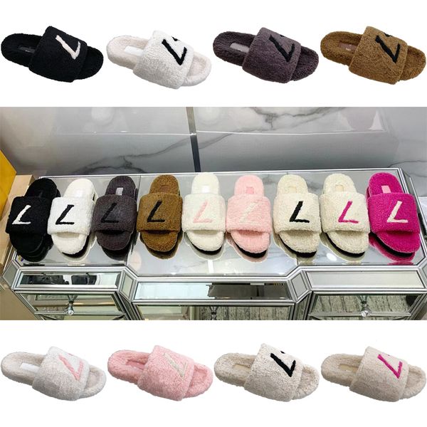 

luxury slide designer brand women slippers wool sandals warm comfort slippers woman slipper shoes autumn winter slides scuffs sandal fur sli, Black