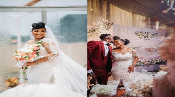 

2019 lace appliqued long sleeves mermaid wedding dress afrrican sheer lace black girl plus size bridal gowwn custom made5891799, White