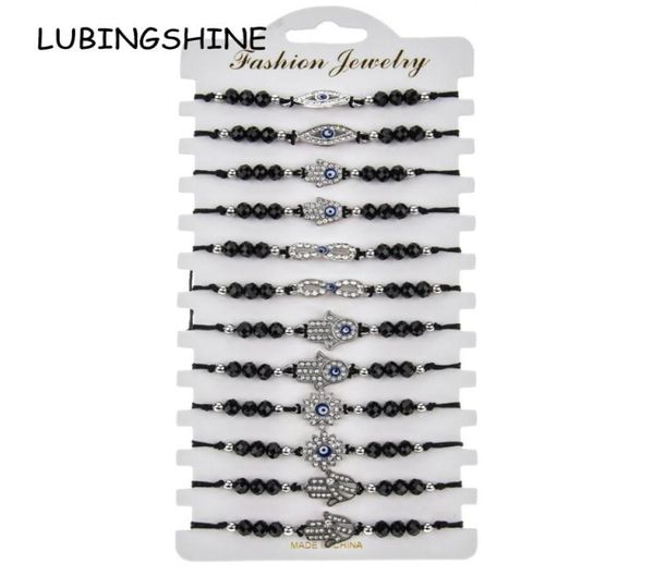 

charm bracelets 12pcslot women fatima hand charms bracelet set crystal bead rhinestone braided adjustable rope chain wristband je8556013, Golden;silver