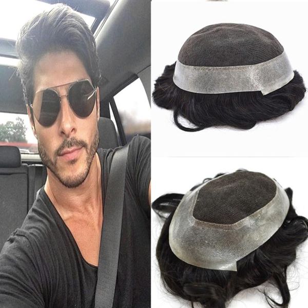 

swiss lace toupee for men lace with pu around human hair mens toupee replacement system natural hair wave men hairpiece many sizes5156597, Black