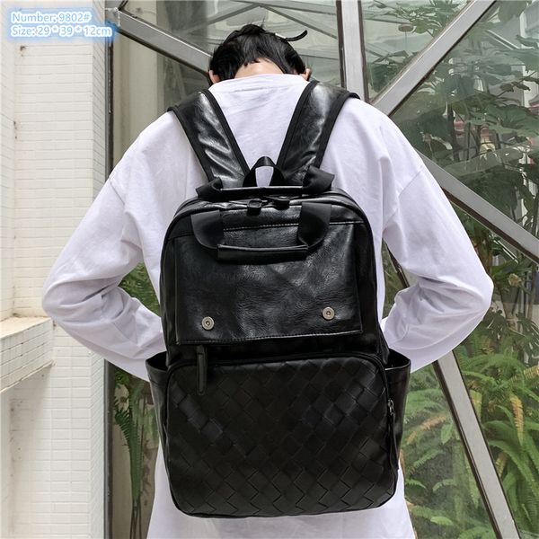 

Factory outlet men shoulder bag soft and comfortable leather leisure travel backpack street popular woven student backpacks flip zipper fashion handbag, Black