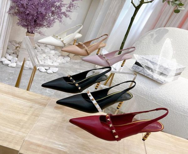 

new slingback dress shoes with sculpted heel 70mm studs women high heels rivets genuine leather pointed toe woman pumps9711766, Black