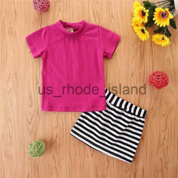 

t-shirts clothing sets summer girl set rosepink t-shirt stripes skirt suits for kids children clothes x0714 x0707, Blue