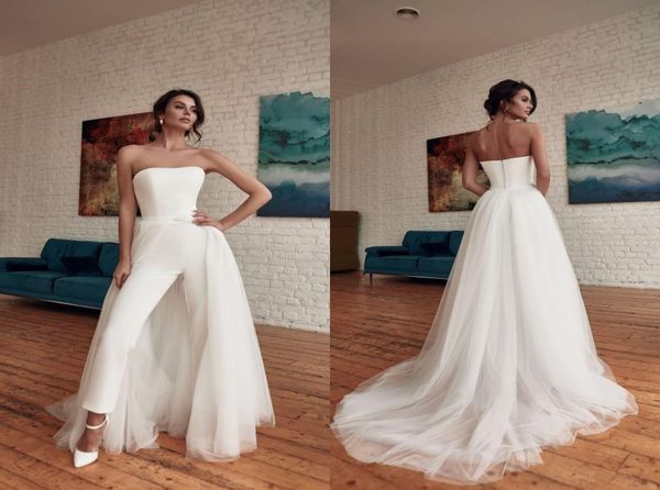 

fashionable unique simple plus size jumpsuits wedding dress bridal gowns with detachable train strapless ankle length formal jumps7828535, White