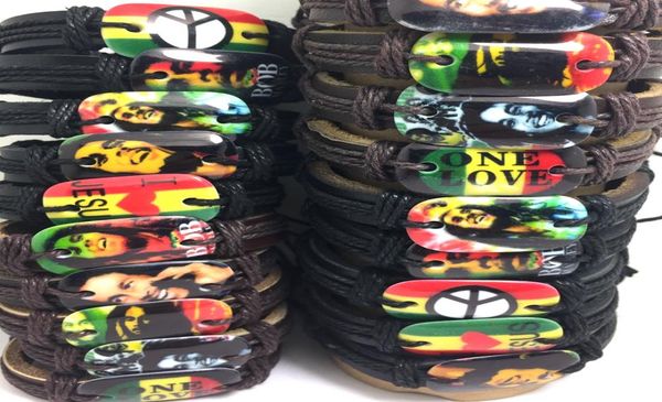 

whole 50pcs mix lot bob marley leather bracelets men fashion wristbands peace one love leaf jewelry 9453352, Golden;silver