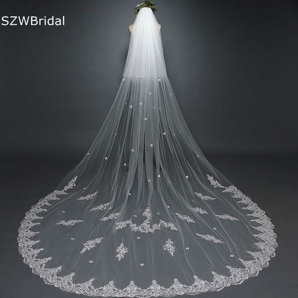 

wedding hair jewelry arrival white ivory cathedral wedding veils lace edge bridal accessories trouwen marriage bridal veil velo da sposa lun, Slivery;golden