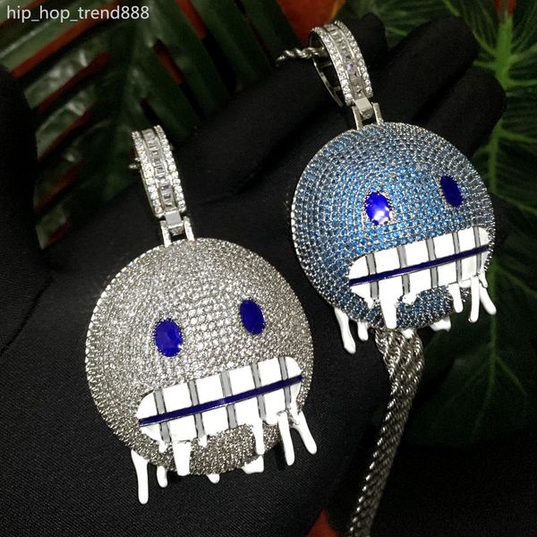 

925 silver pendant necklace diamond pave full white blue strap chain women men big smile snow hip hop jewelry