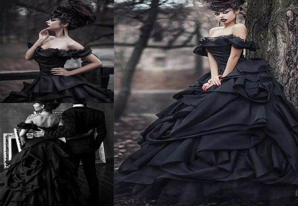 

vintage gothic black princess wedding dresses luxury ruffles ruched off shoulder western forest garden bridal gowns bc46739571948, White