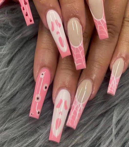 

cute ghost face halloween nails pink long coffin press on fake fingernails with glue artificial acrylic false nail design for wome7252688, Red;gold