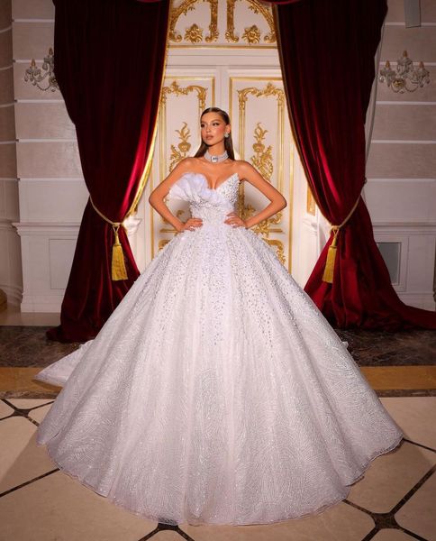 

elegant ball gown wedding dresses sleeveless v neck strapless zipper sequins applique ruffles beads pearls plus size bridal gowns custom mad, White