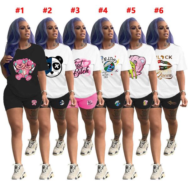 

women tracksuits summer fashion casual solid color cartoon pattern printed short sleeve shorts two piece set, Gray
