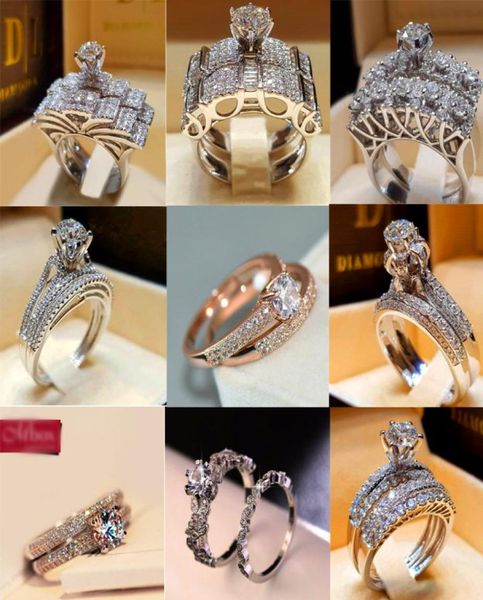 

boho female diamond white round ring set brand luxury promise 925 silver engagement ring vintage bridal wedding rings for women8272901, Slivery;golden