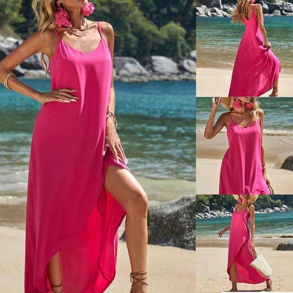 

womens summer solid color fashion elegant slit long strap dress, Black;gray