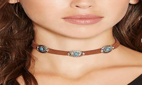 

bohemian choker necklaces for women vintage brief turquoise stone flower alloy suede chokers black white brown color beach party j3221568, Golden;silver