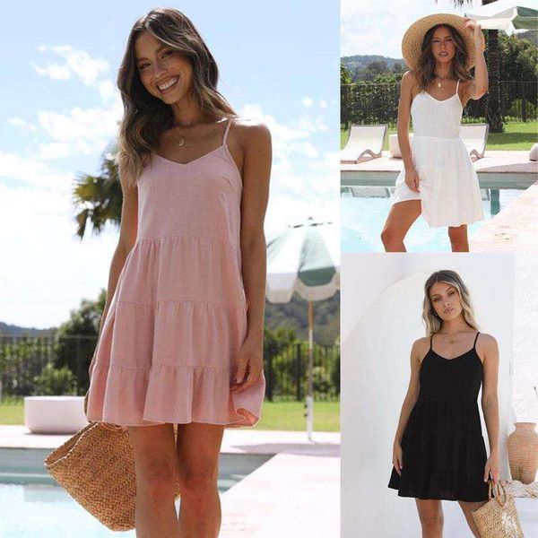 

summer v neck solid color suspender dress, Black;gray