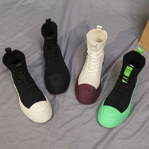 

knitted stitched elastic martin boots women's spring and autumn net red same korean round head front lace up flat shoes