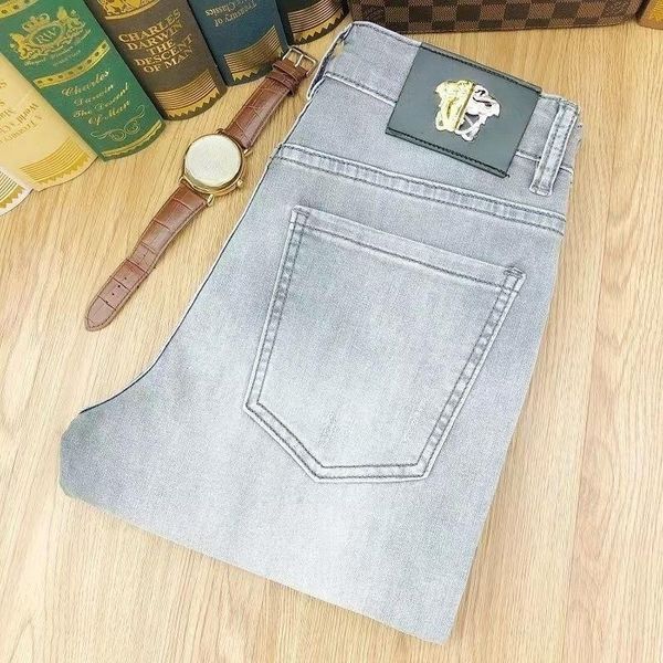 

designer fashion men's jeans digital print drill slim letter high street stretch jeans straight leg casual pants, Blue