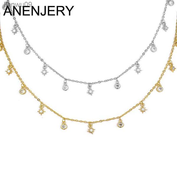 

anenjery trendy pepper star pendant tassel choker necklace for women shiny zircon gold plated necklace jewely accessories l230704, Silver