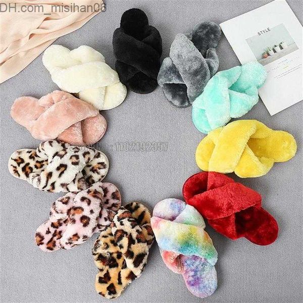

slippers new children's winter girls' fluffy slide open toe flat house slide toddler leopard fur indoor slide z230713, Black