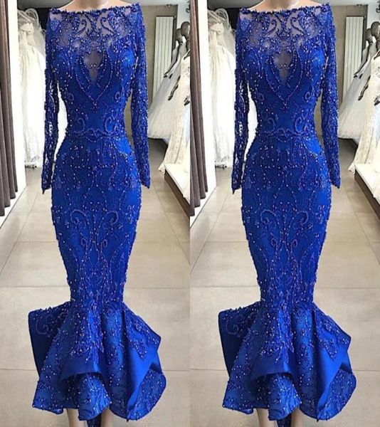 

real images luxury royal blue mermaid prom evening dresses bateau neck beaded pearls fitted bodice ruffles ankle length short cock9897287, Black;red