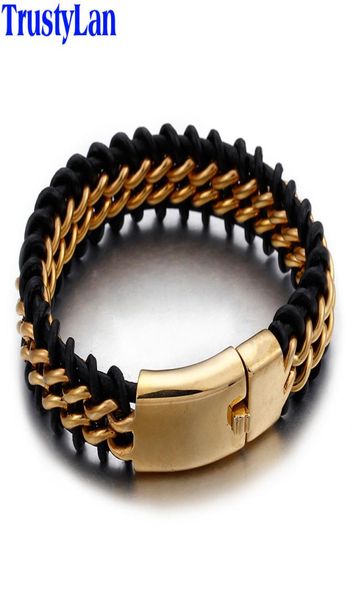 

trustylan gold color stainless steel leather bracelet men 18mm wide mens leather bracelets jewelry wristband drop gift c103895097, Black