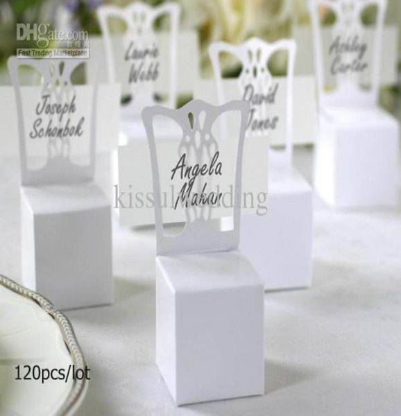 

120pcslot simple white wedding gift box of white chair candy boxes with name cards for party favors decorations5668129