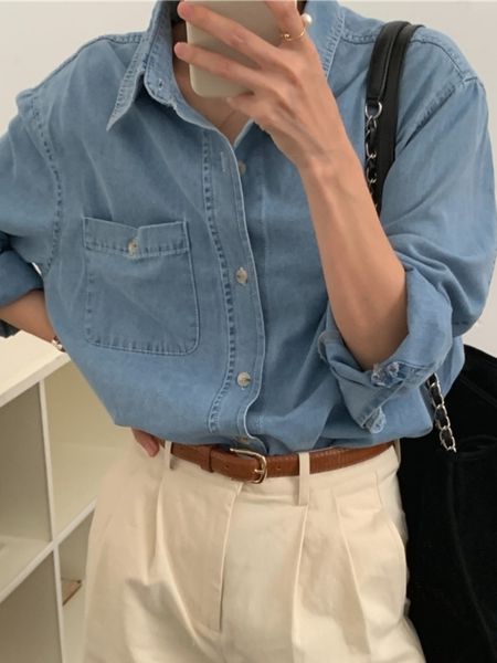 

women's blouses shirts women blouse female shirt summer womens blouses spring maxi blusas casual cowboy vintage long sleeve denim overs, White