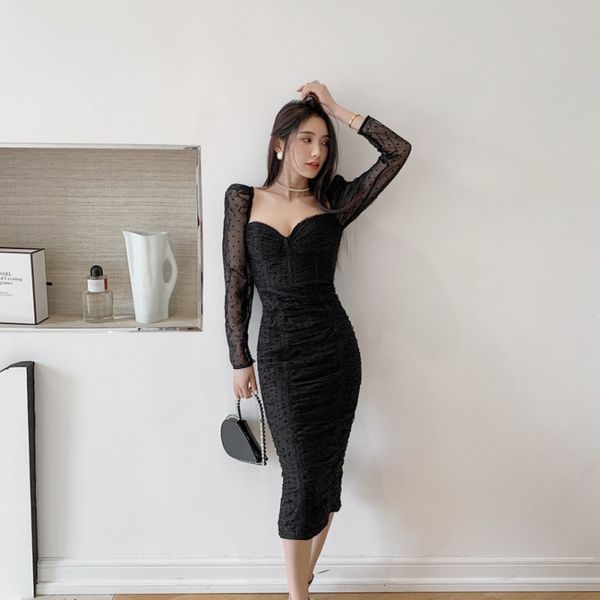 

new s-elf - portrait black mesh dotted pleated long sleeve long dress, Black;gray