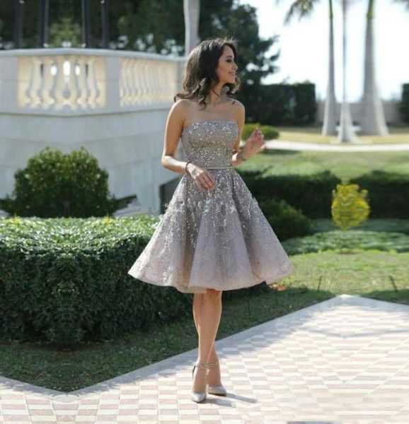 

sparkling sequin beaded short prom dresses with strapless a line organza skirt knee length formal evening dresses 20202563795, Black