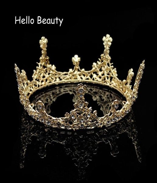 

gold color baroque vintage men diadem large crystal full round prom king crown wedding pageant queen tiara bridal hair jewelry y194782109, Slivery;golden