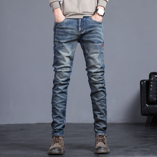 

mens jeans autumn winter vintage blue solid color elastic classic men slim fashion denim trousers male 230712