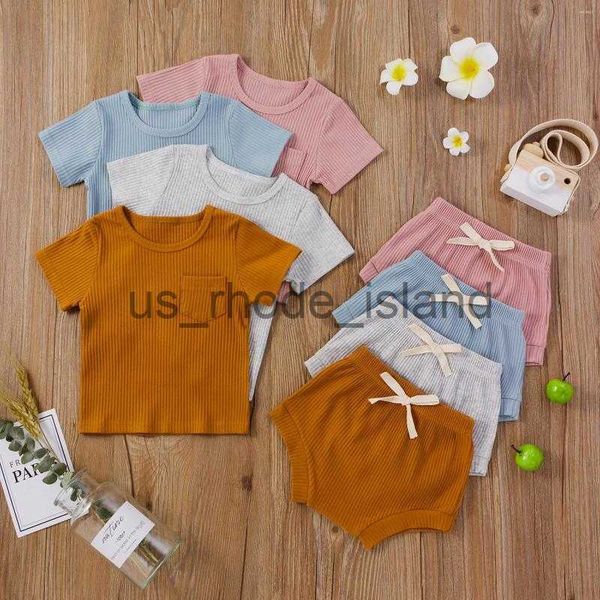 

t-shirts clothing sets born baby 2-piece outfit set short sleeve solid color shorts for kids boys girls x0714, Blue