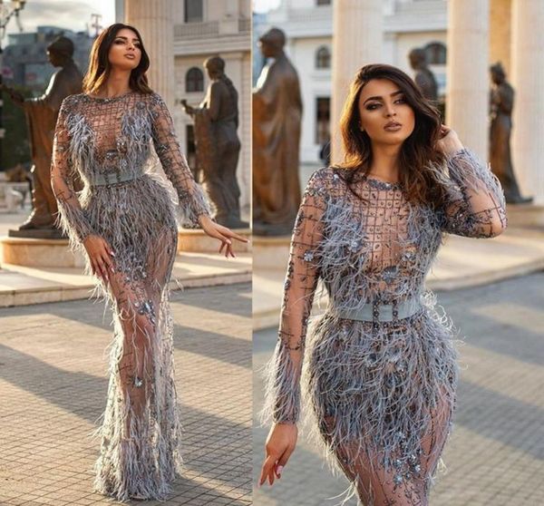 

grey robe de soiree evening dresses lace 3d floral appliques beads mermaid prom dress feather long sleeve formal party gowns6680146, Black;red