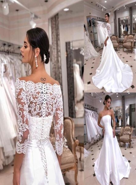 

modern strapless wedding dresses with removable jacket half sleeves bohemian bridal gowns with lace appliques court train2209030, White