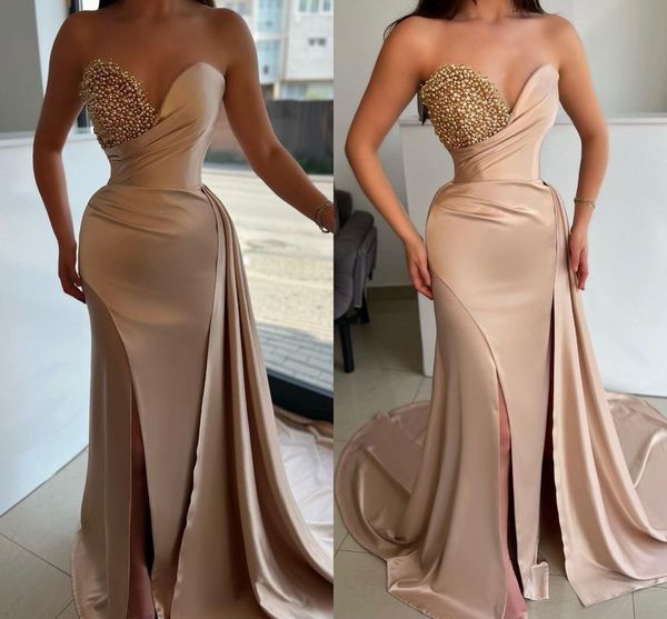 

plus size champagne mermaid prom dresses long for women sweetheart pearls pleats satin side split formal occasions pageant dress evening par, Black