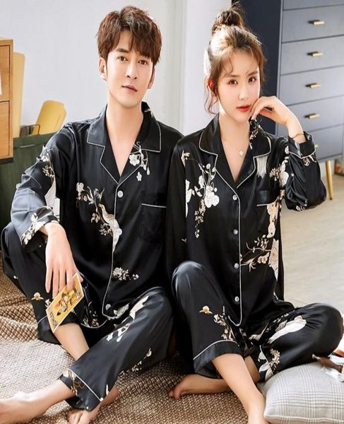 

plus size 3xl floral print couple pajamas sets satin silky 2pcs shirtpants lovers039 pyjamas suit casual sleep set home clothe5027531, Black;brown