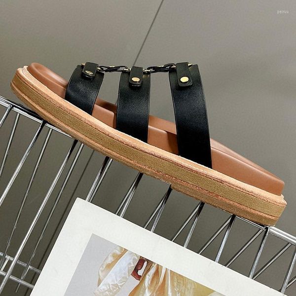 

slippers summer women genuine leather material metal decoration one strap design sandals round head open toe female, Black