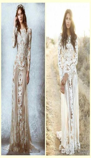 

zuhair murad lace vintage wedding dresses custom made long sleeves court train beach country bridal gowns crew aline stunning lac5756165, White