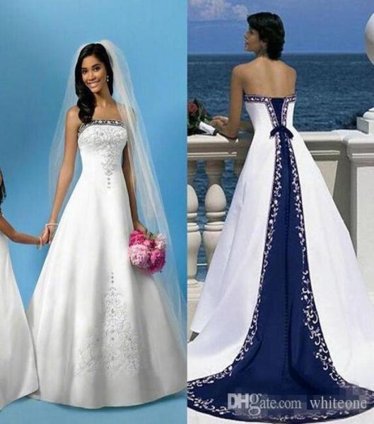 

vintage white and blue satin beach wedding dresses strapless embroidery chapel train corset custom made bridal wedding gowns for c7913088